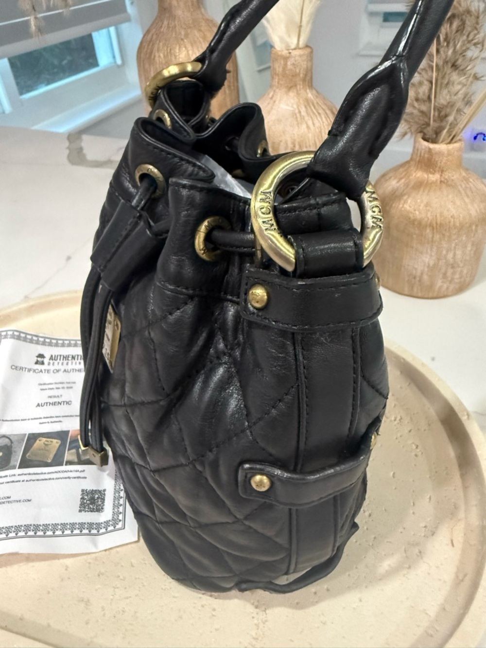 MCM Vintage black Quilted Leather Drawstring Bucket Bag - Authentic w/ COA - Picture 5 of 16